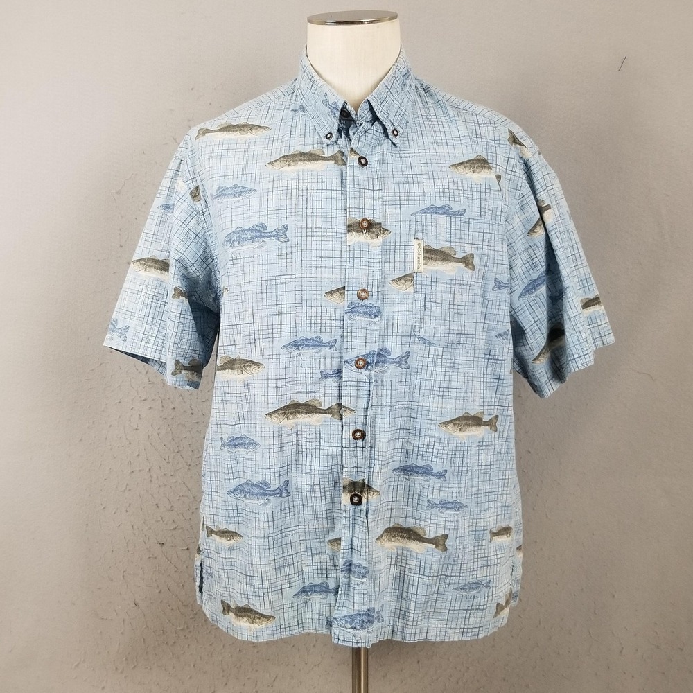 Columbia Shirt Mens Medium Blue River Lodge Fish Print Button Down Cotton Casual